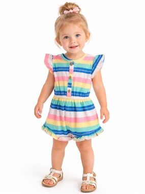 Delia’s Baby Rainbow Romper 24M Girls Stripe Flutter Sleeve One‎ Piece EUC